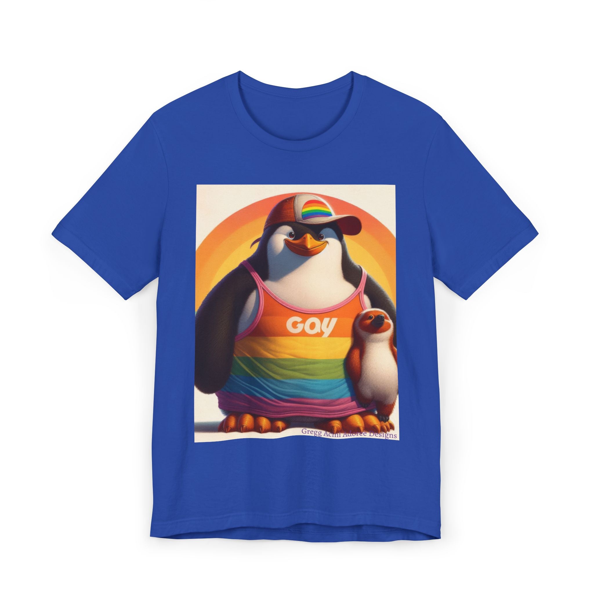 Proud Giant Penguin Unisex Jersey T-Shirt - Colorful Rainbow Graphic Tee