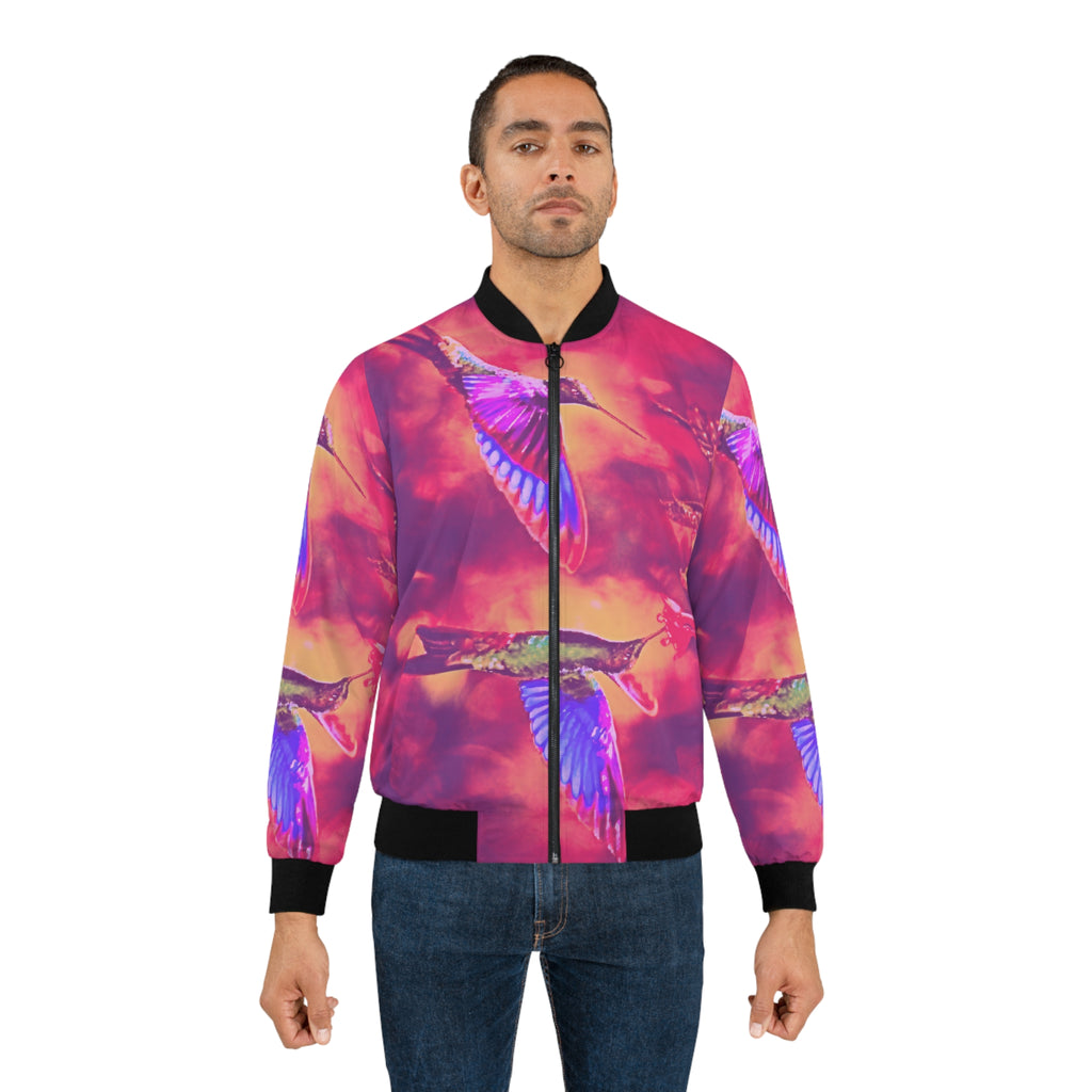 Vibrant Hummingbird Sunset Bomber Jacket