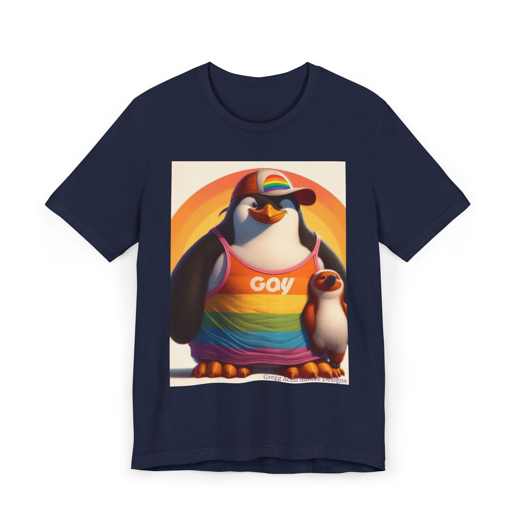 Proud Giant Penguin Unisex Jersey T-Shirt - Colorful Rainbow Graphic Tee