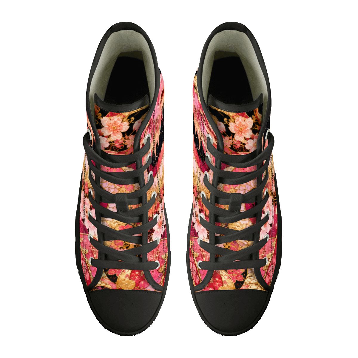 Pink and Gold Sakura Dragon High Top Sneakers – Floral Fantasy Shoes (Unisex - Women's Sizes)