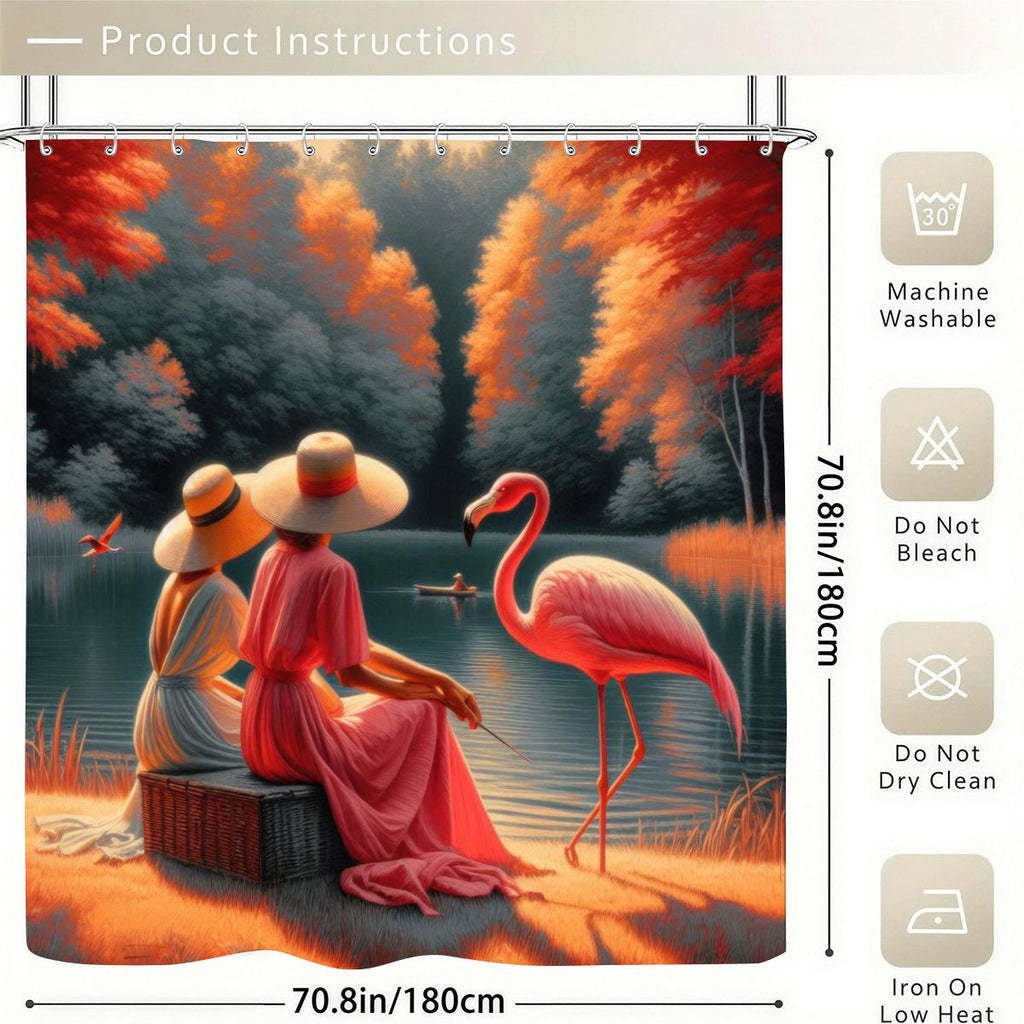 Two Ladies with a Flamingo Shower Curtain | Romantic Landscape Art