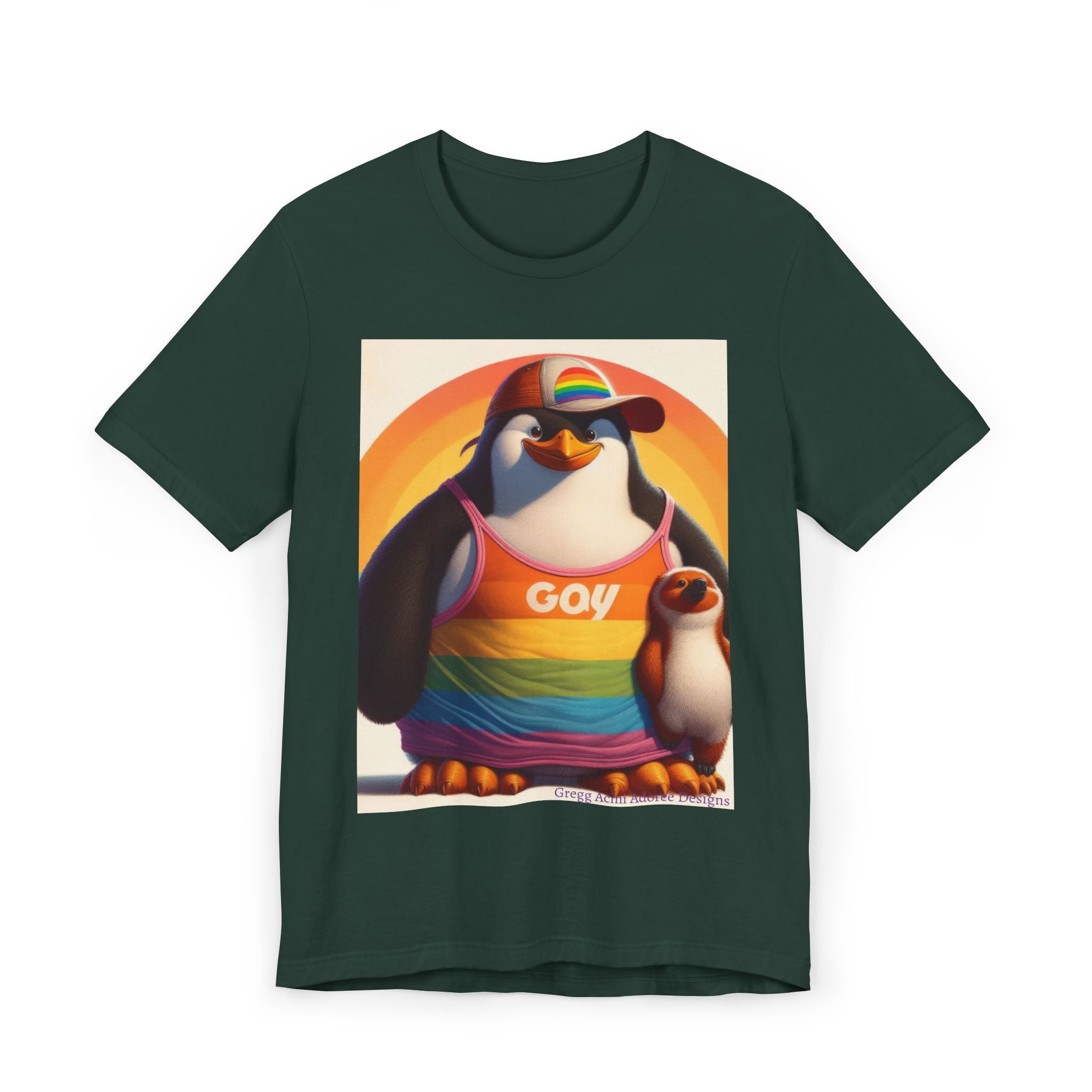 Proud Giant Penguin Unisex Jersey T-Shirt - Colorful Rainbow Graphic Tee