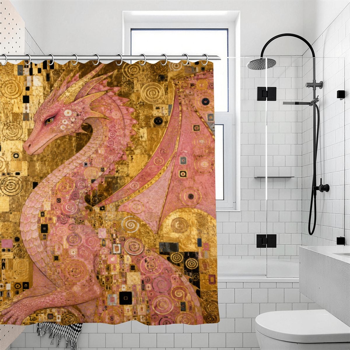 Pink Dragon Shower Curtain | Klimt Gold Mosaic Art