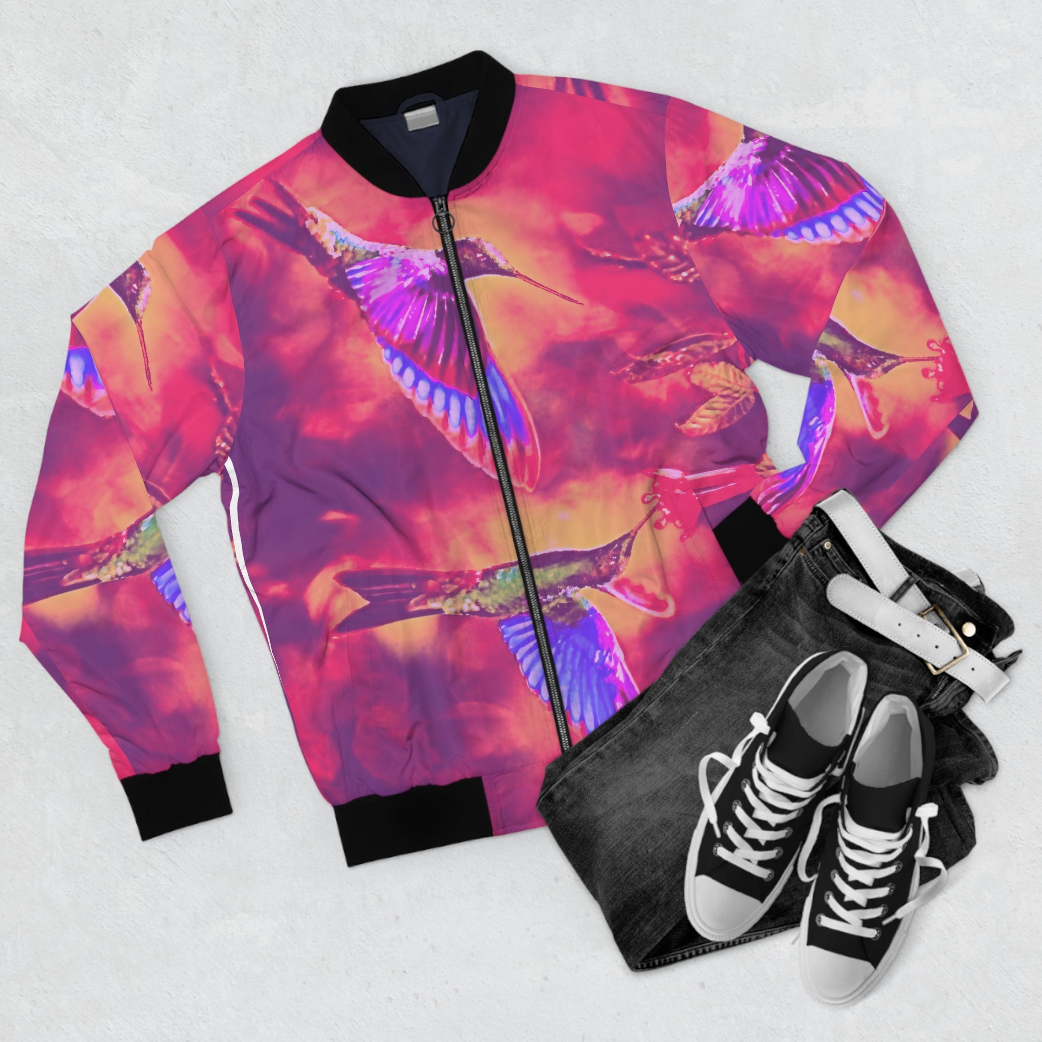 Vibrant Hummingbird Sunset Bomber Jacket