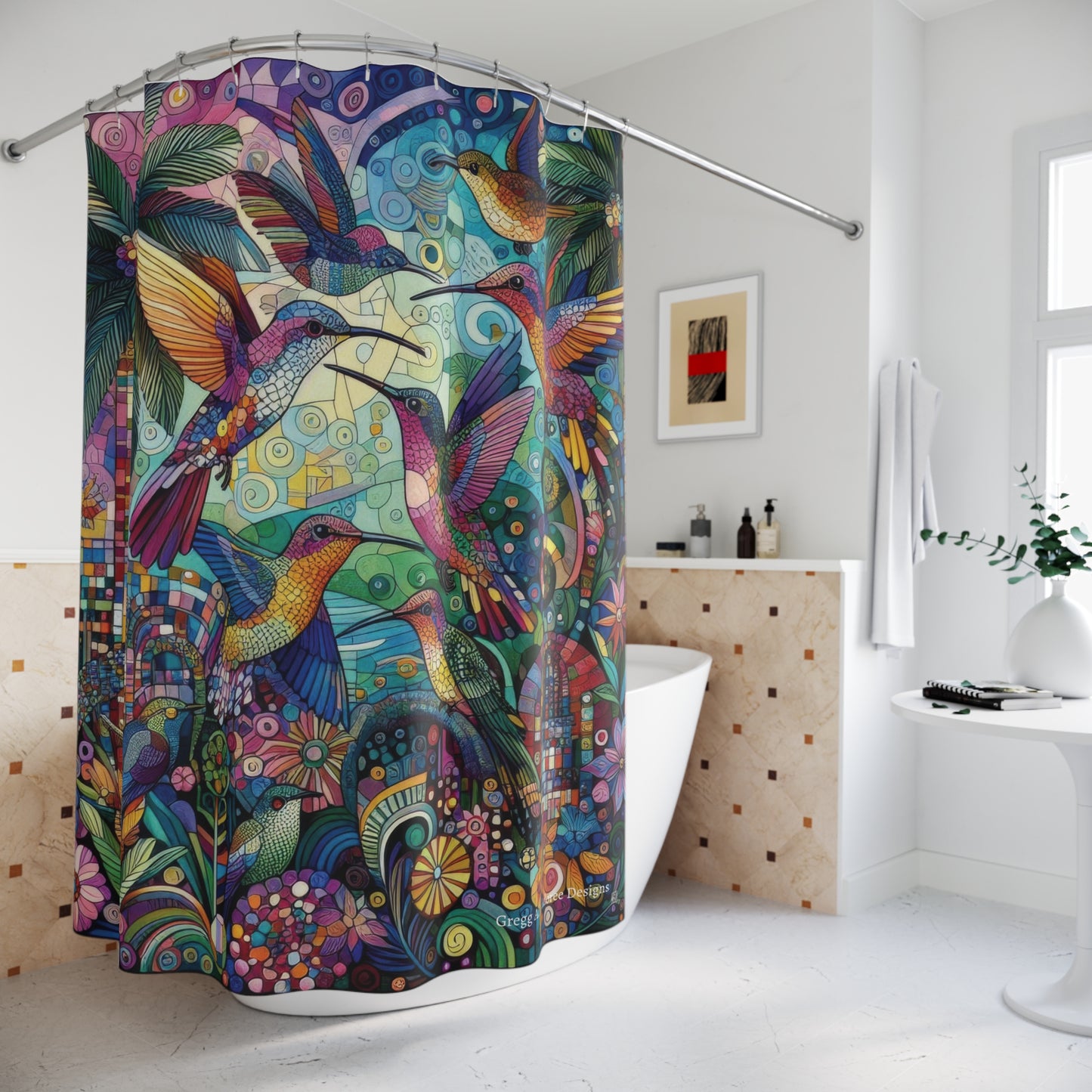 Hummingbird Kaleidoscope Shower Curtain - Bold and Colorful Tropical Decor