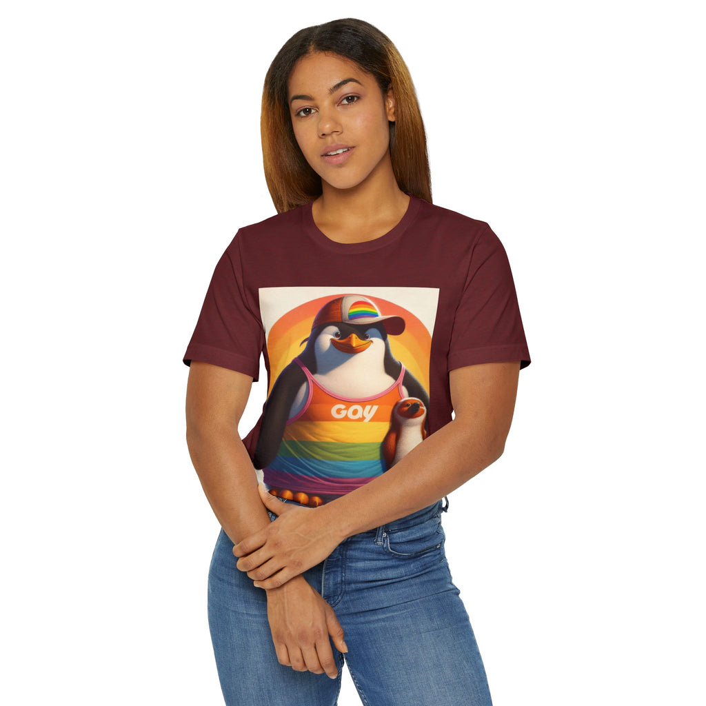 Proud Giant Penguin Unisex Jersey T-Shirt - Colorful Rainbow Graphic Tee