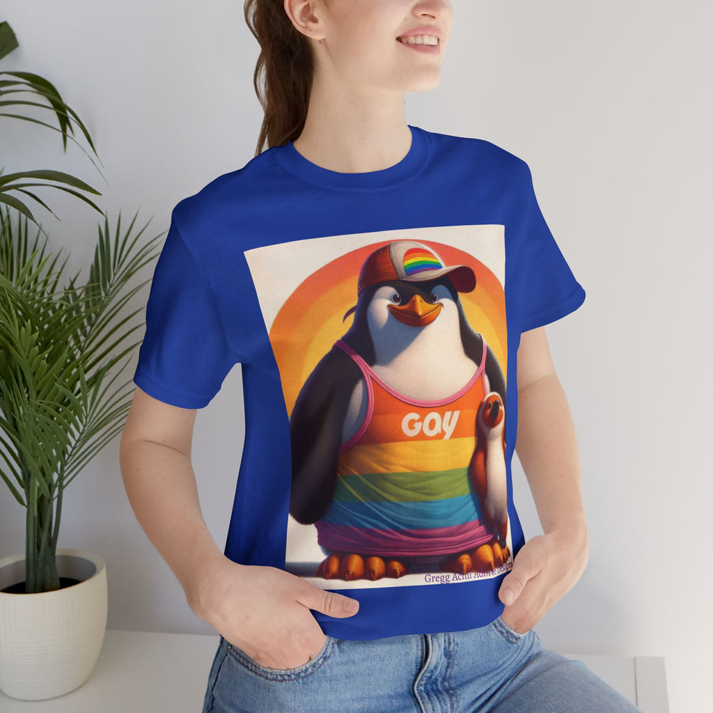 Proud Giant Penguin Unisex Jersey T-Shirt - Colorful Rainbow Graphic Tee