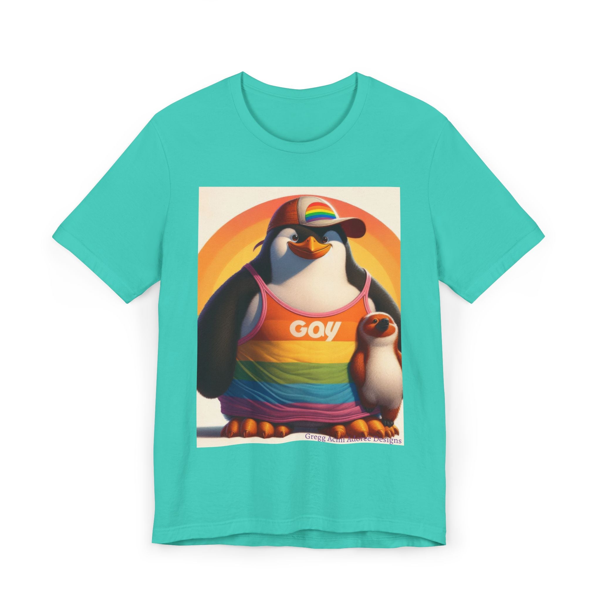 Proud Giant Penguin Unisex Jersey T-Shirt - Colorful Rainbow Graphic Tee