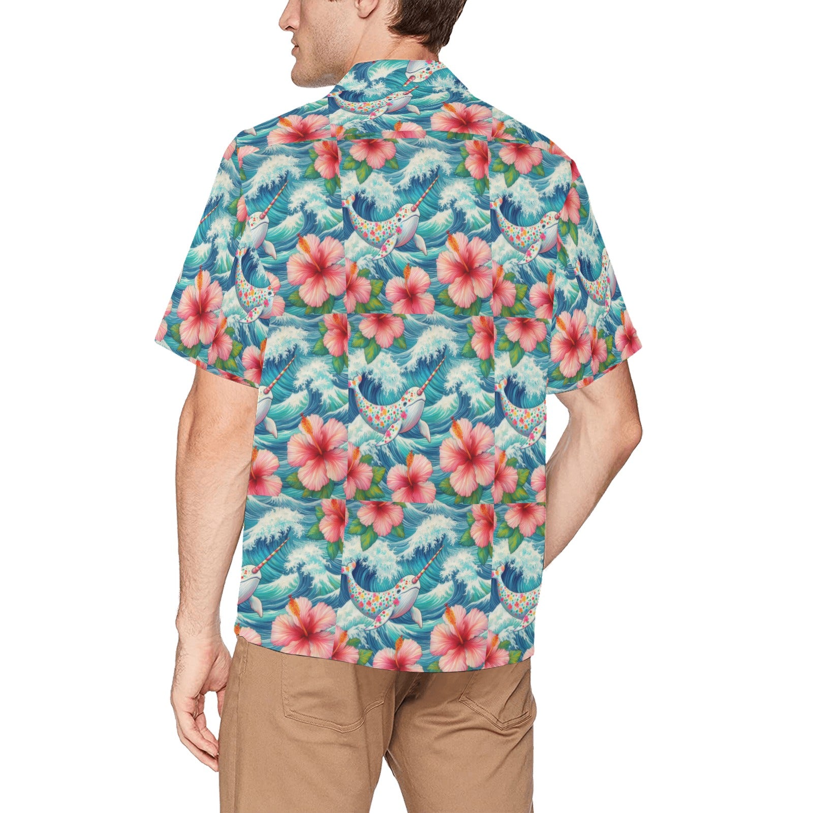 Proud Narwhal Patterned Hawaiian Shirt with Chest Pocket