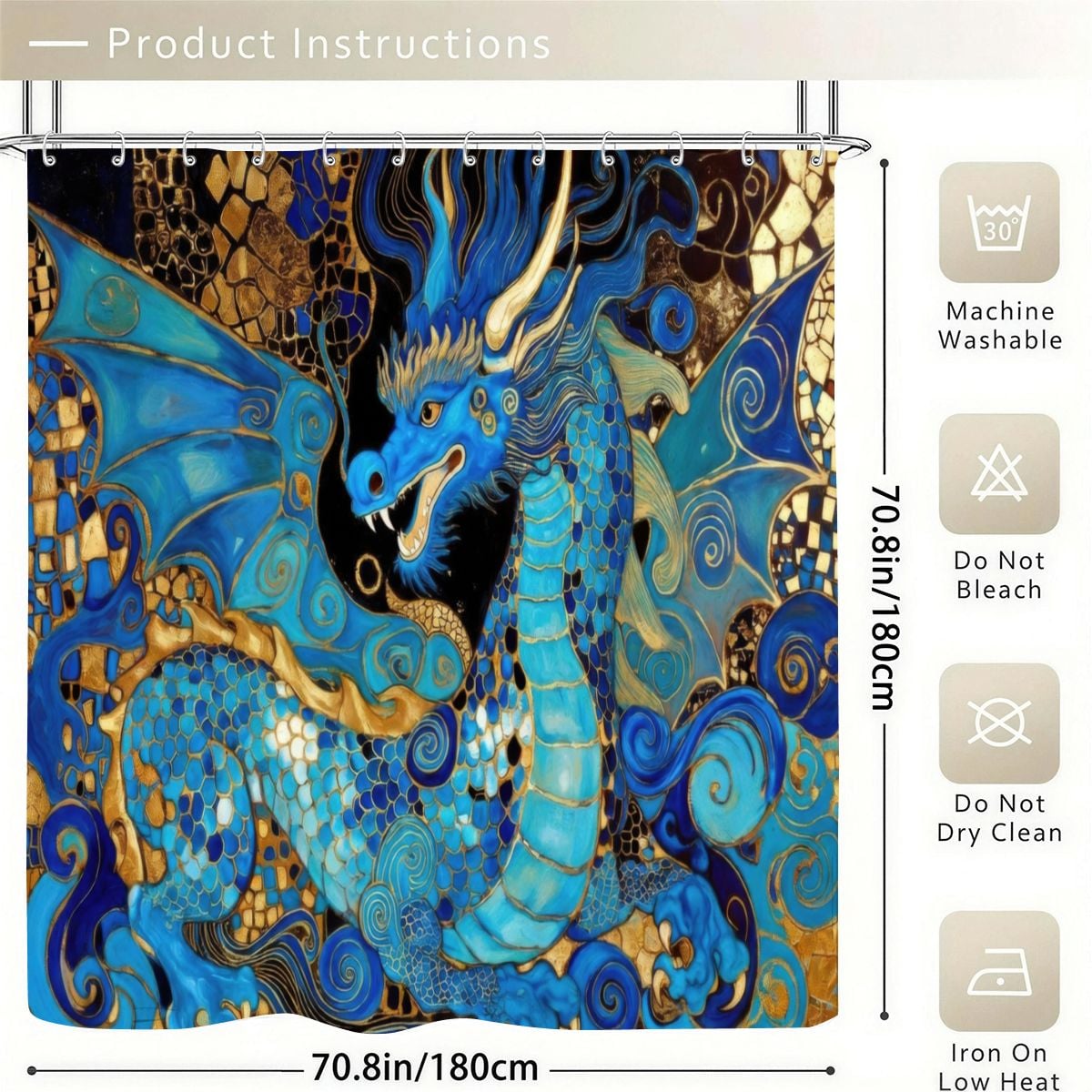 Teal Dragon Shower Curtain | Klimt-Inspired Mosaic Art