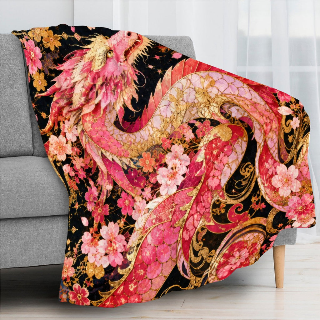 Pink and Gold Sakura Dragon Flannel Throw Blanket | Made in USA