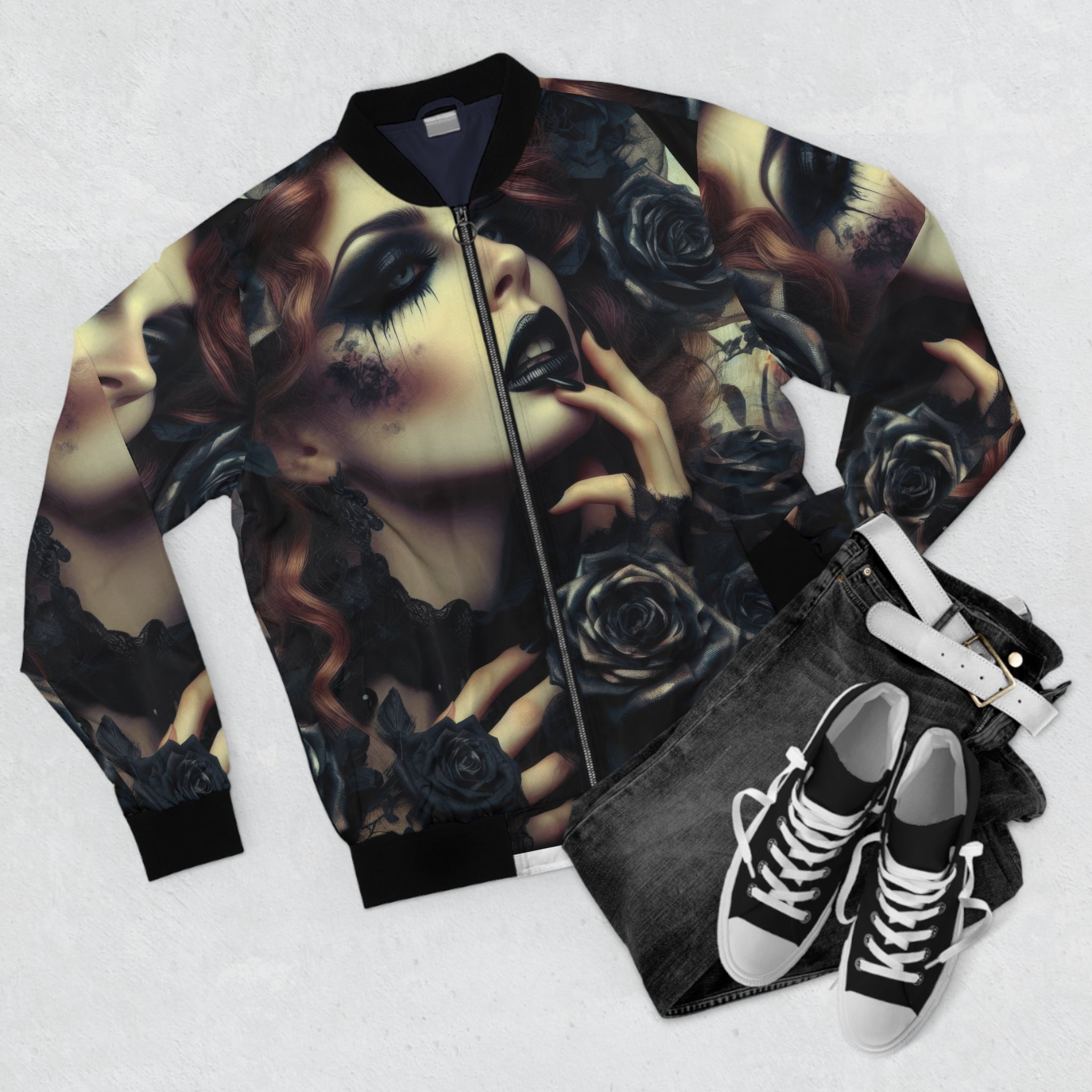 Black Roses Bomber Jacket — Dark Glam Portrait AOP