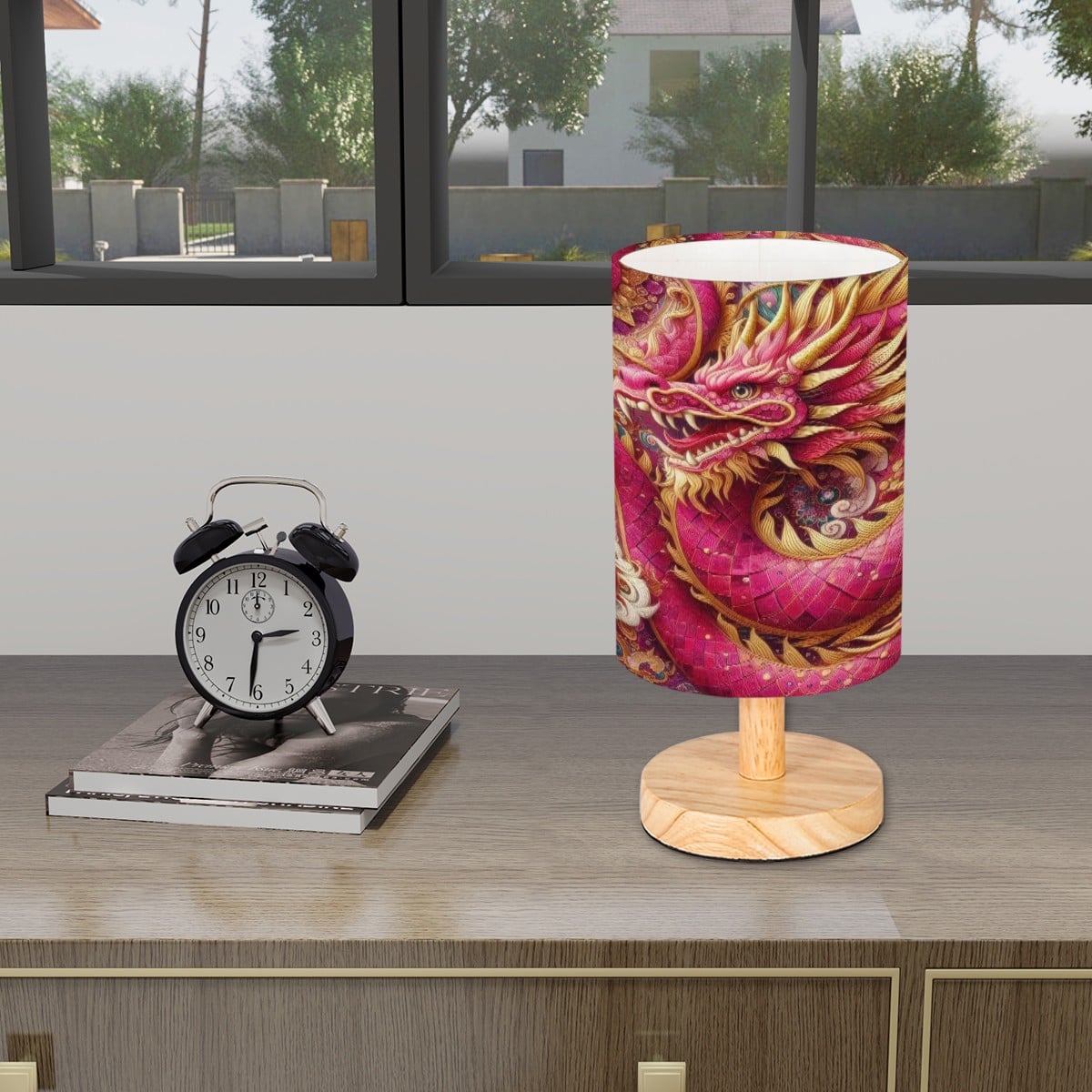 Crimson Dragon Cylindrical Table Lamp