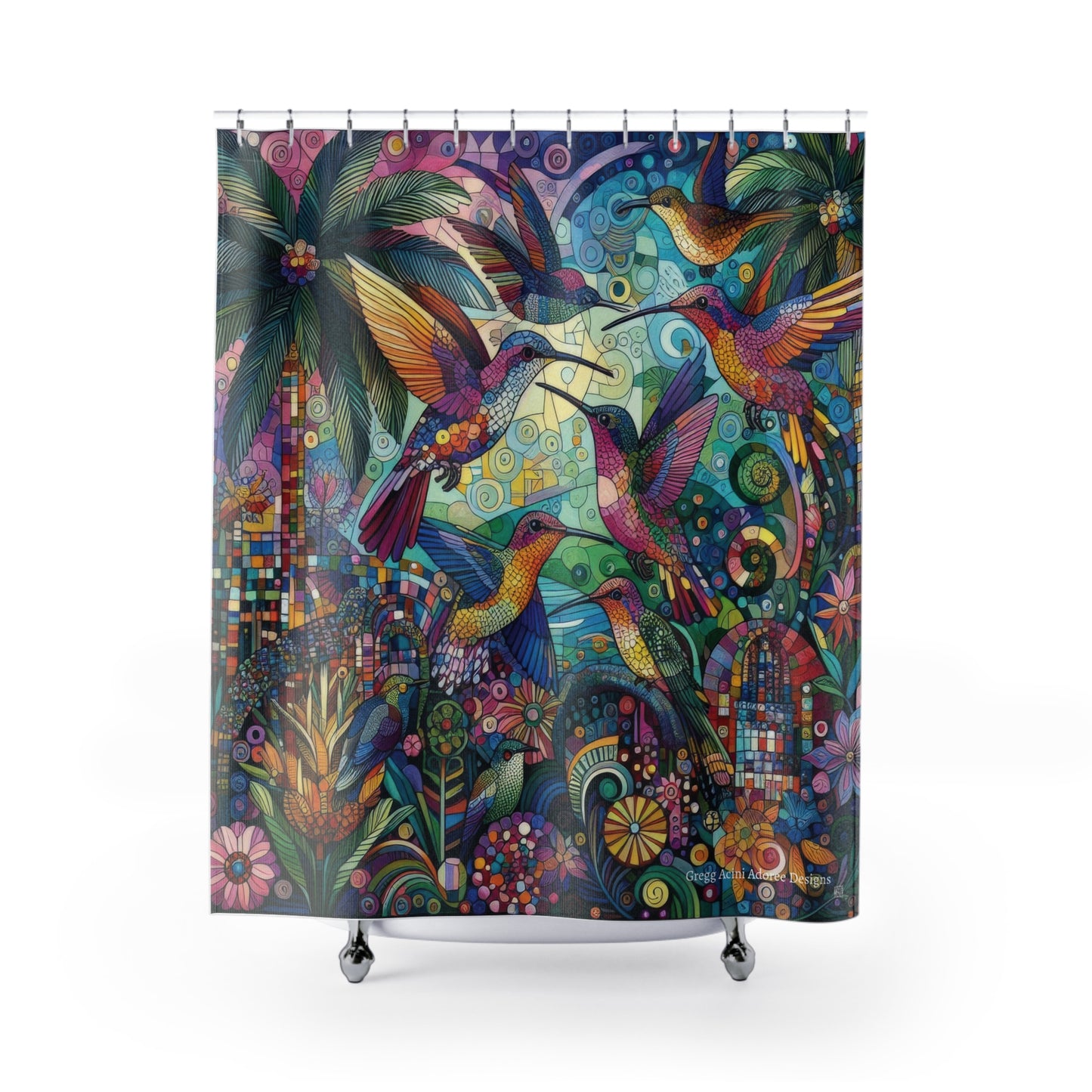 Hummingbird Kaleidoscope Shower Curtain - Bold and Colorful Tropical Decor