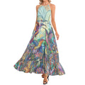 Hummingbird Kaleidoscope Ruffle Hem Halter Neck Maxi Dress