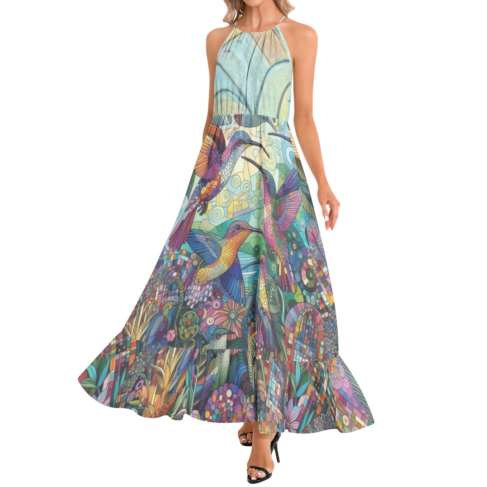 Hummingbird Kaleidoscope Ruffle Hem Halter Neck Maxi Dress