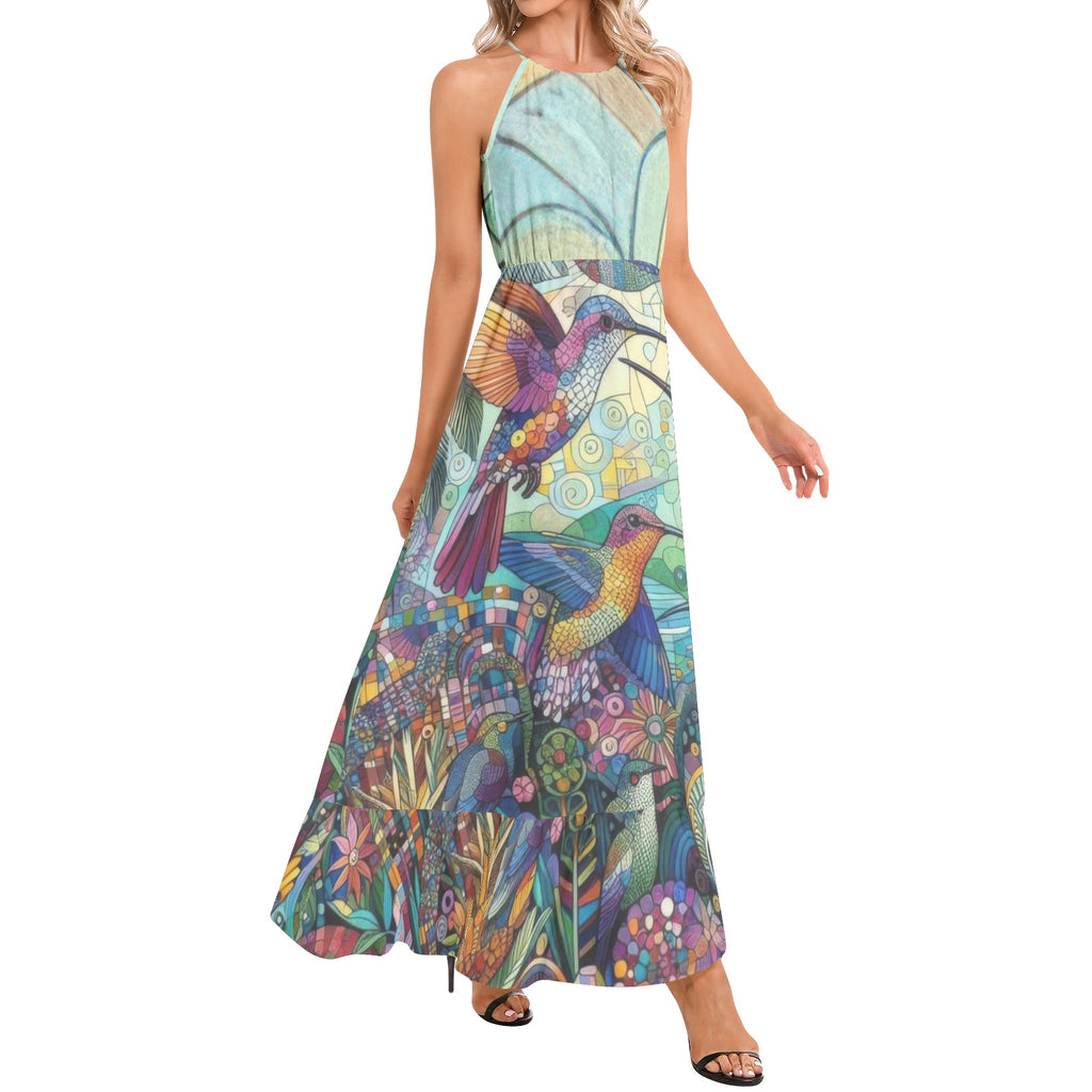 Hummingbird Kaleidoscope Ruffle Hem Halter Neck Maxi Dress