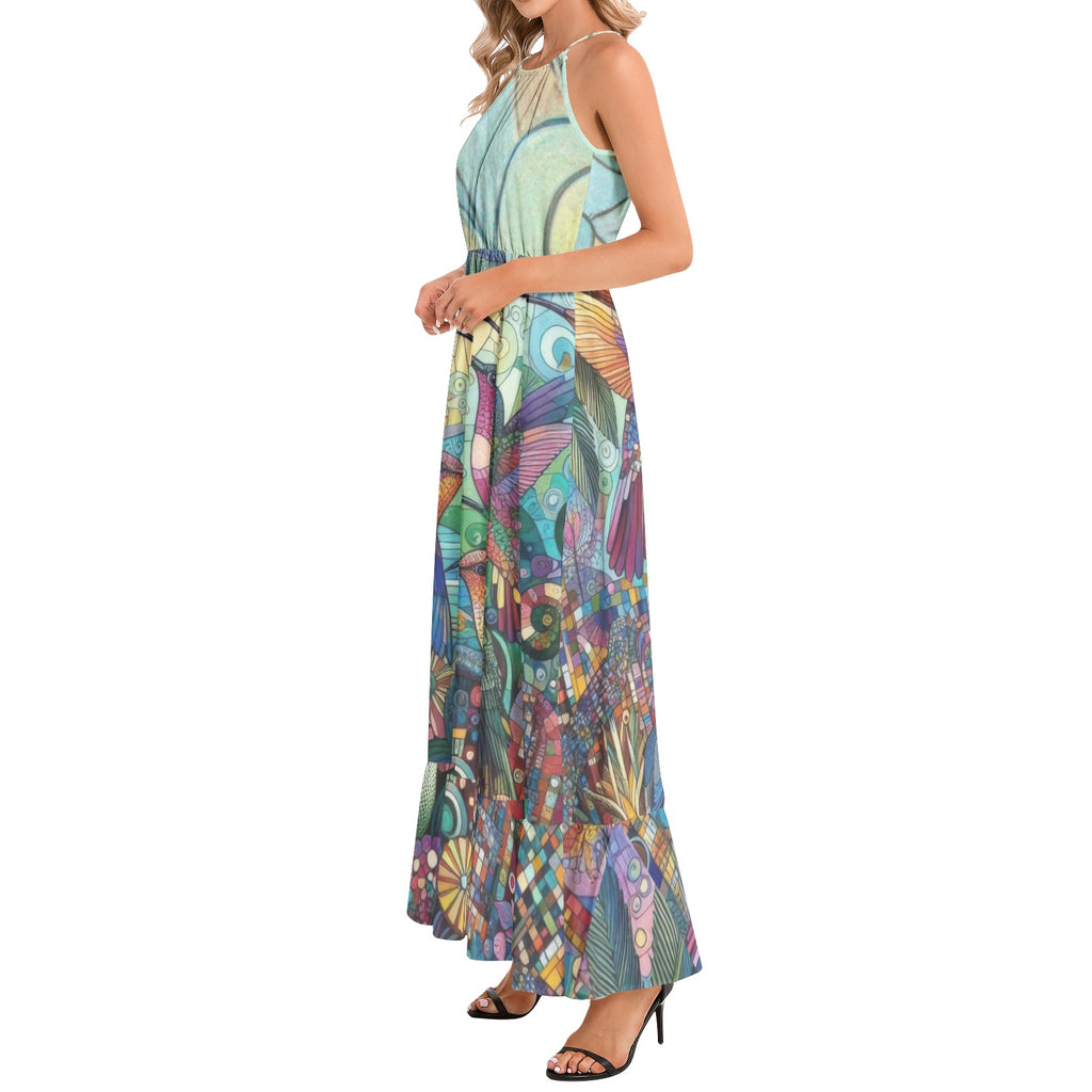 Hummingbird Kaleidoscope Ruffle Hem Halter Neck Maxi Dress