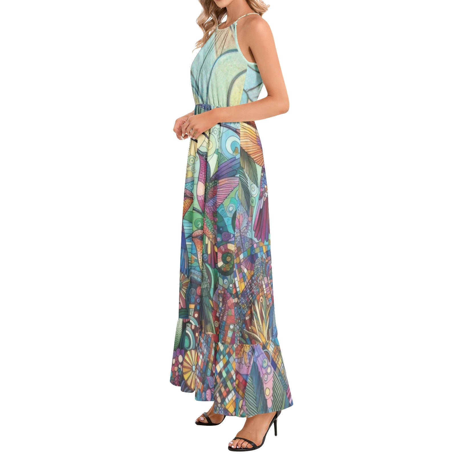 Hummingbird Kaleidoscope Ruffle Hem Halter Neck Maxi Dress
