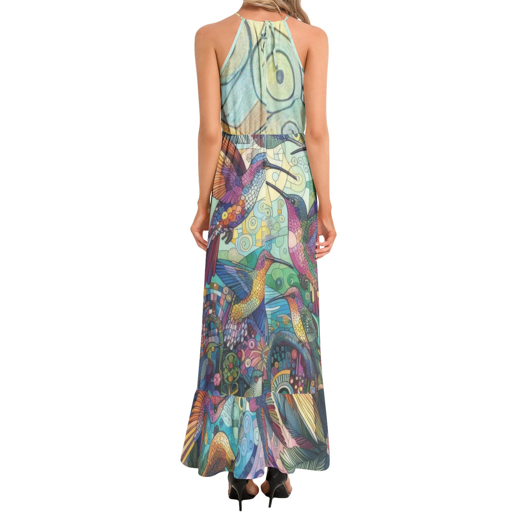 Hummingbird Kaleidoscope Ruffle Hem Halter Neck Maxi Dress