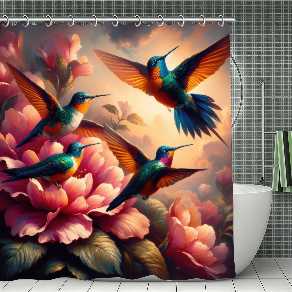 Multicolor Hummingbirds Shower Curtain 70.8"x70.8" (Made in USA)