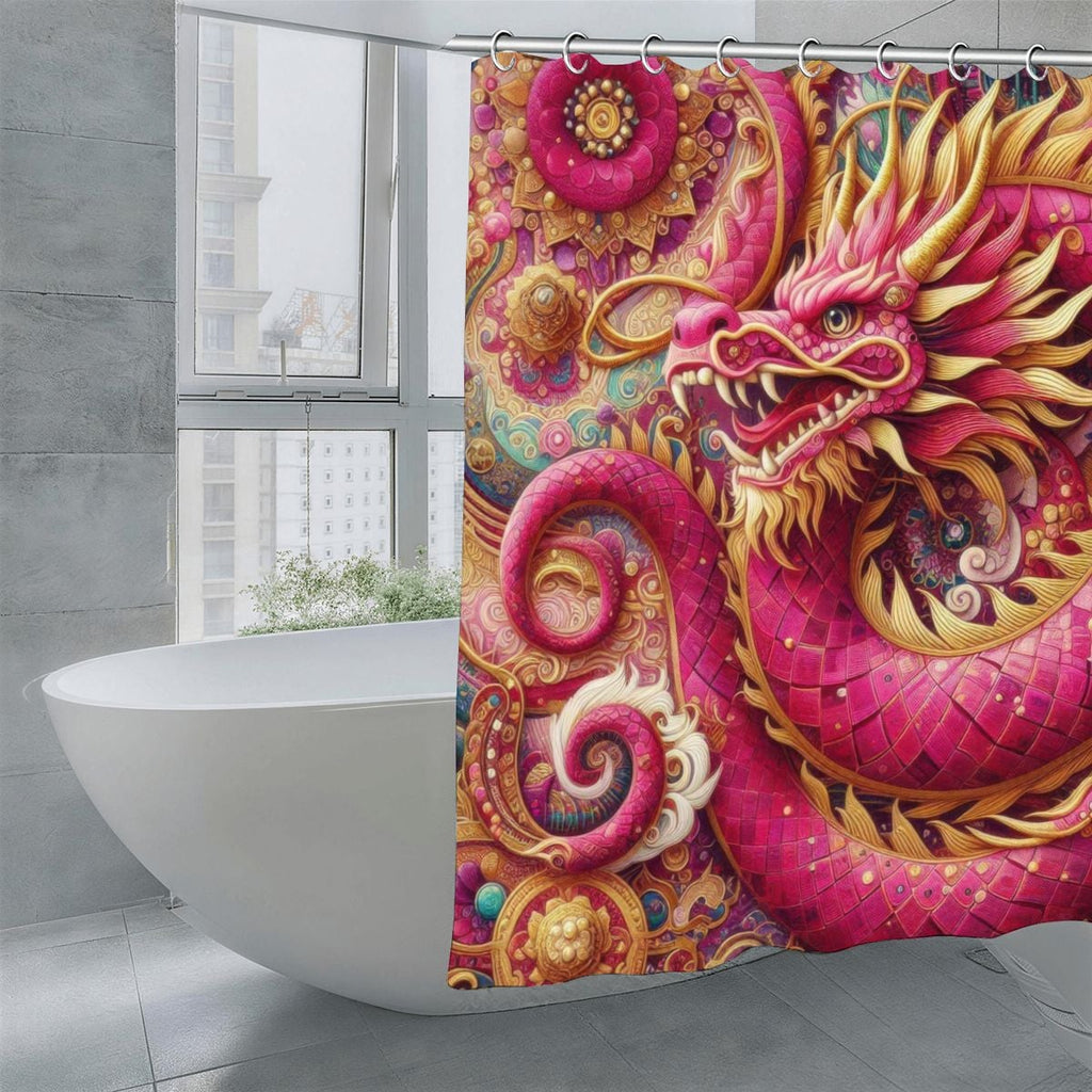 Crimson Dragon Shower Curtain | Klimt-Inspired Jewel Mosaic Art