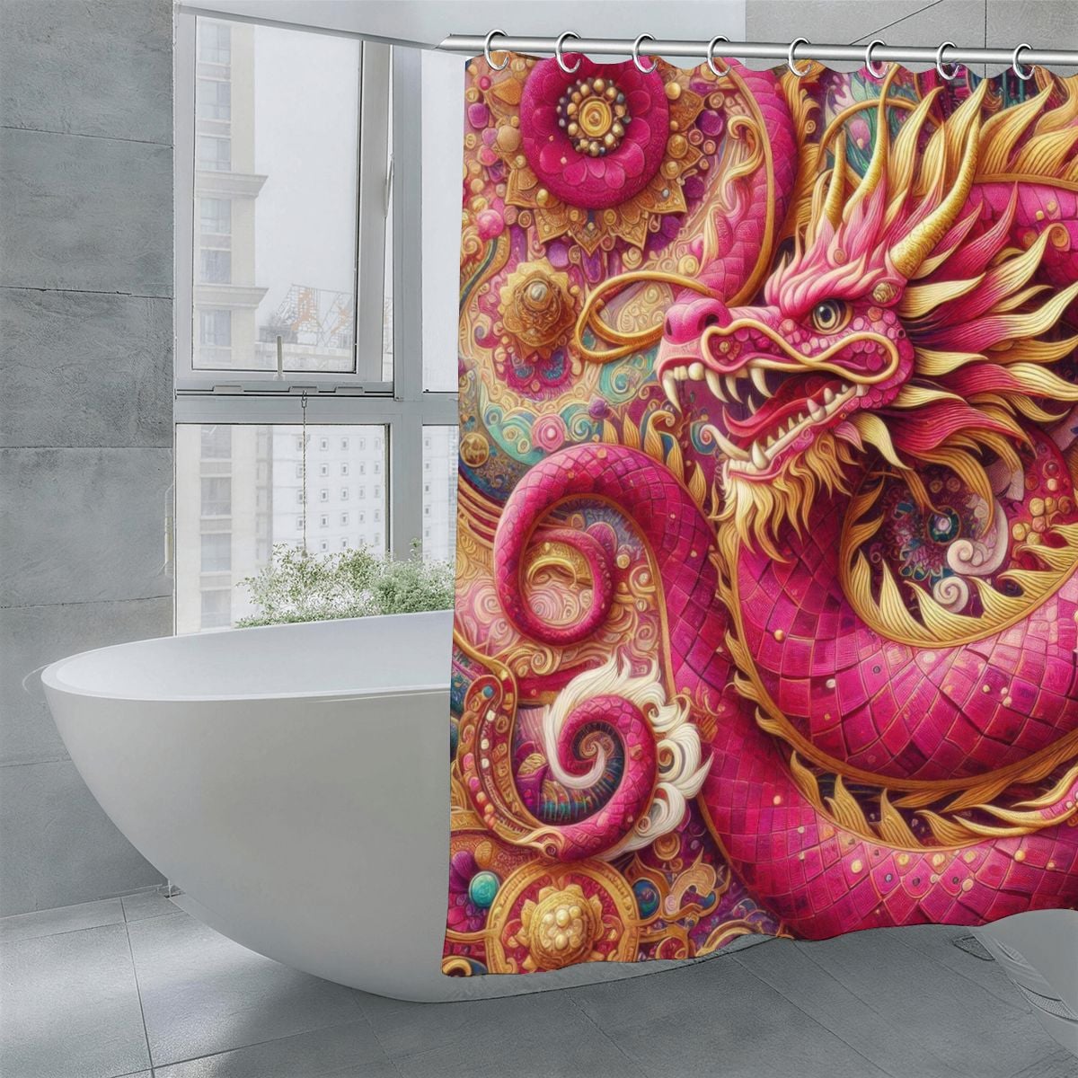 Crimson Dragon Shower Curtain | Klimt-Inspired Jewel Mosaic Art