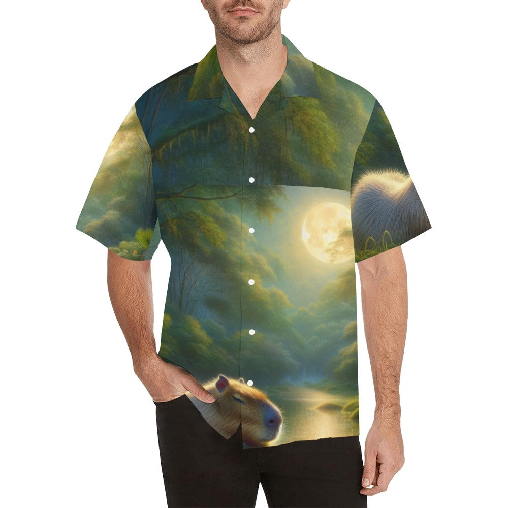 Capybara Under a Golden Moon Hawaiian Shirt without pocket