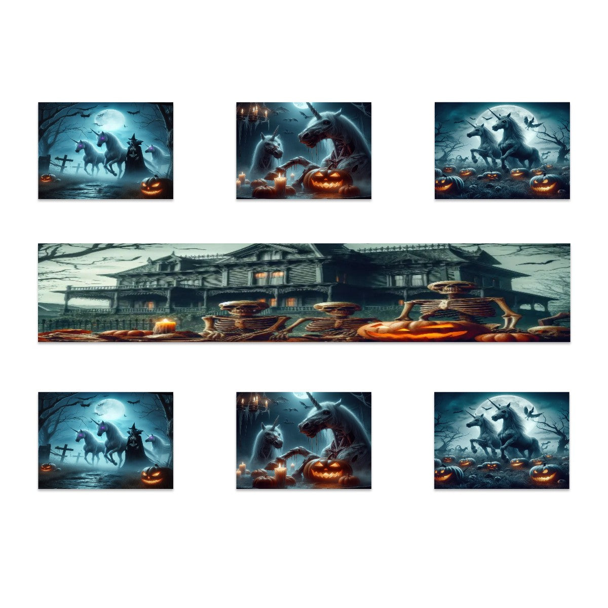 Halloween Unicorns Mixed Table Runner Placemat Set 7 Pieces