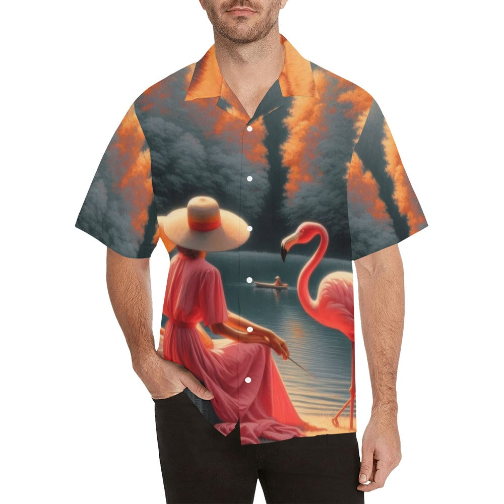 Two Ladies with a Flamingo Hawaiian Shirt without pocket