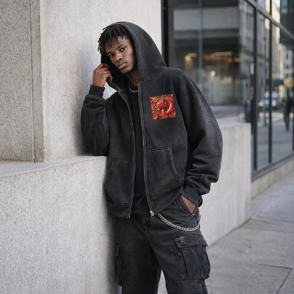 Bold Pink Dragon Fleece Lined Gradient Washed Zip Hoodie