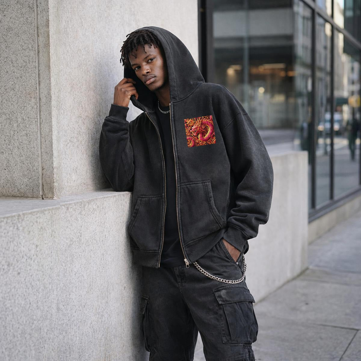 Bold Pink Dragon Fleece Lined Gradient Washed Zip Hoodie