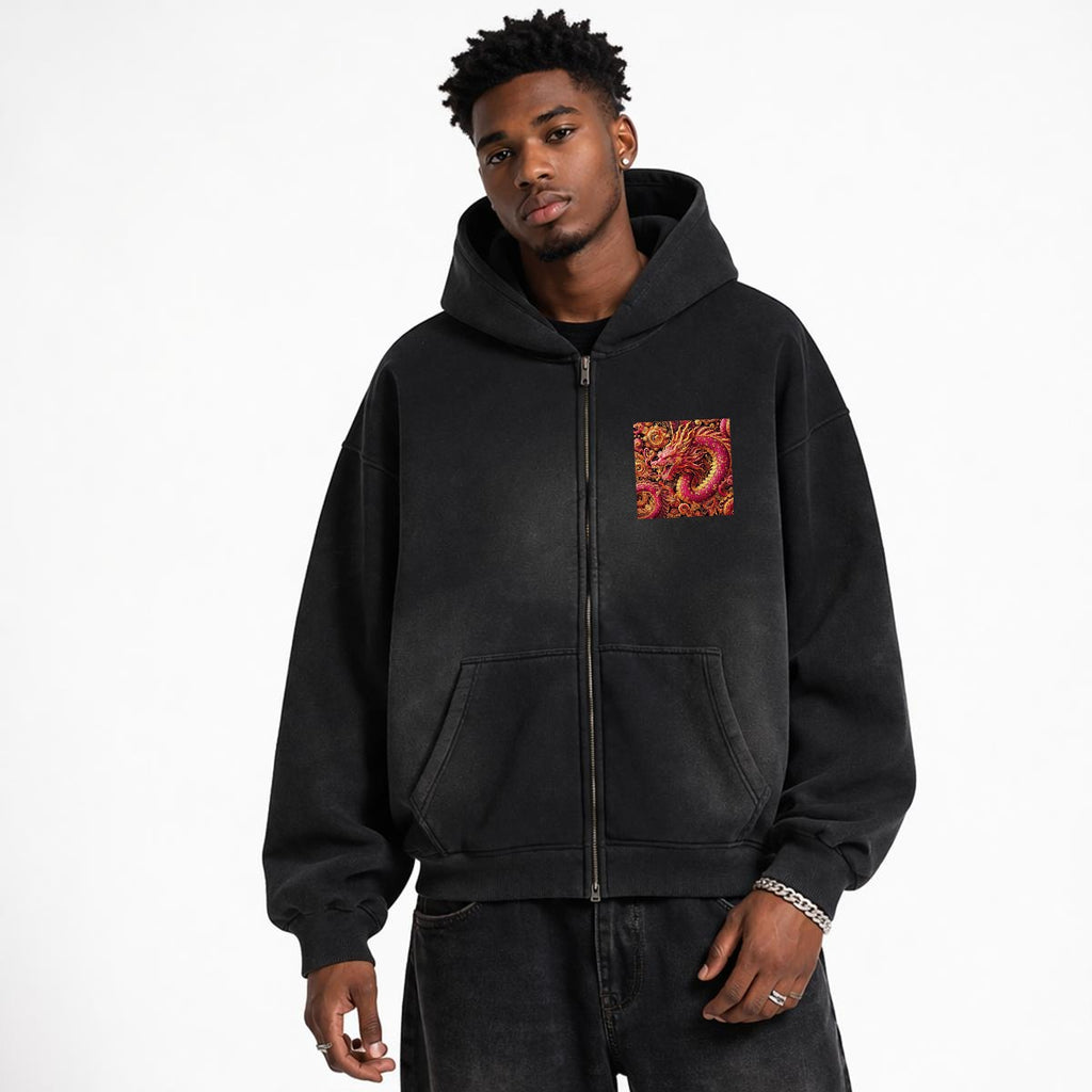 Bold Pink Dragon Fleece Lined Gradient Washed Zip Hoodie