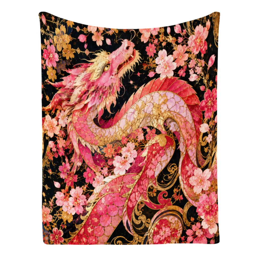Pink and Gold Sakura Dragon Flannel Throw Blanket | Made in USA