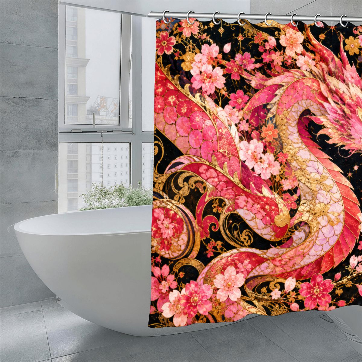 Pink and Gold Sakura Dragon Shower Curtain