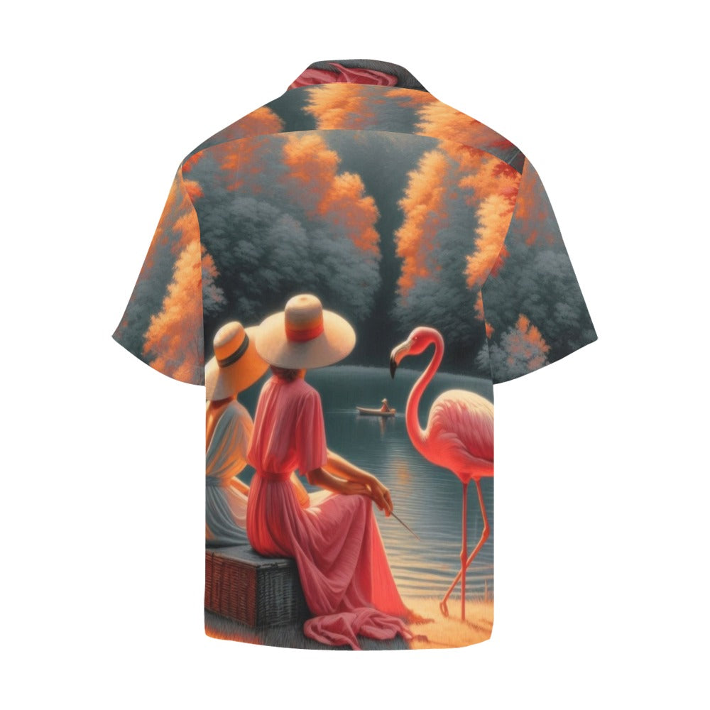 Two Ladies with a Flamingo Hawaiian Shirt without pocket
