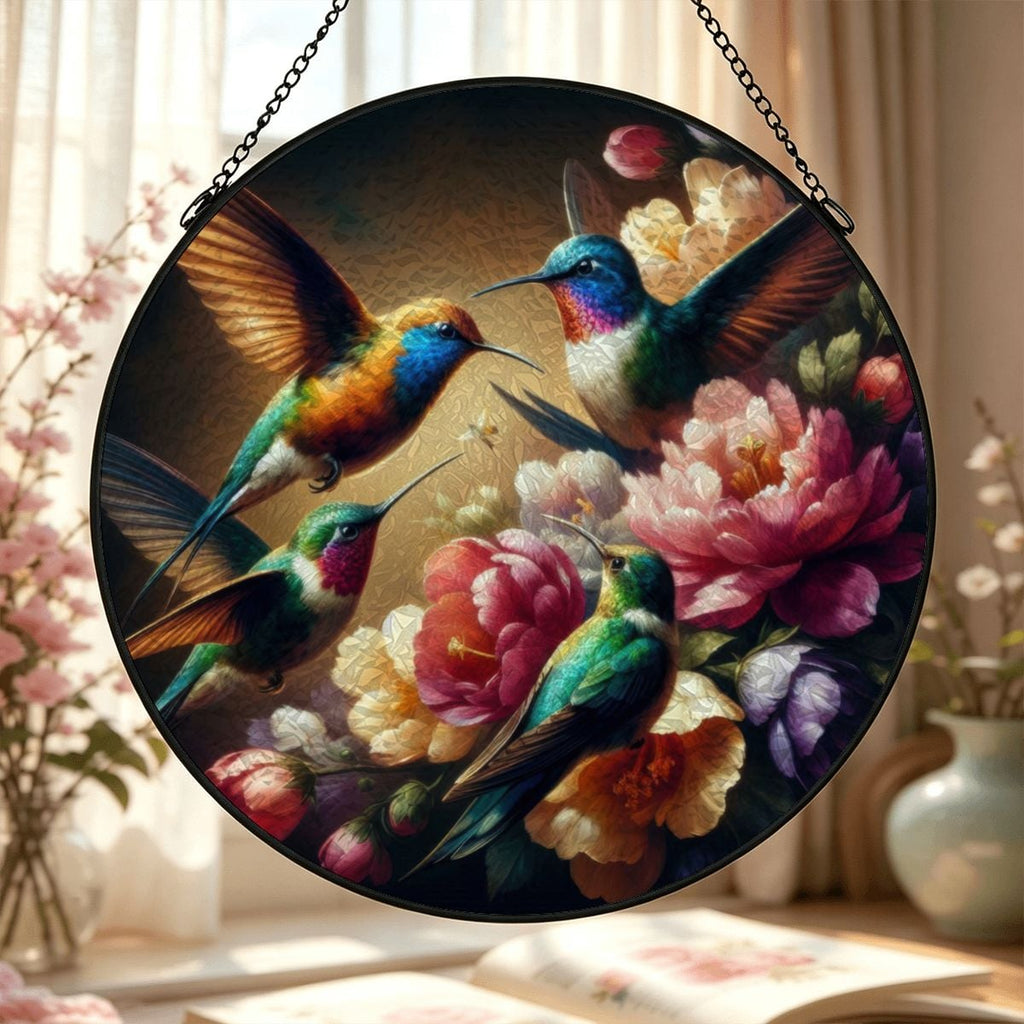 Multicolor Hummingbirds Stained Glass Effect Suncatcher Window Hanging (Made in USA)