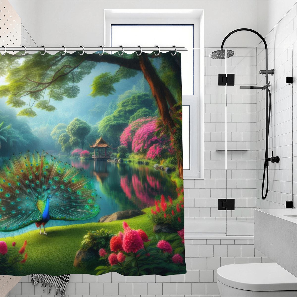 Peacock with Rhododendrons Shower Curtain | Botanical Garden Art