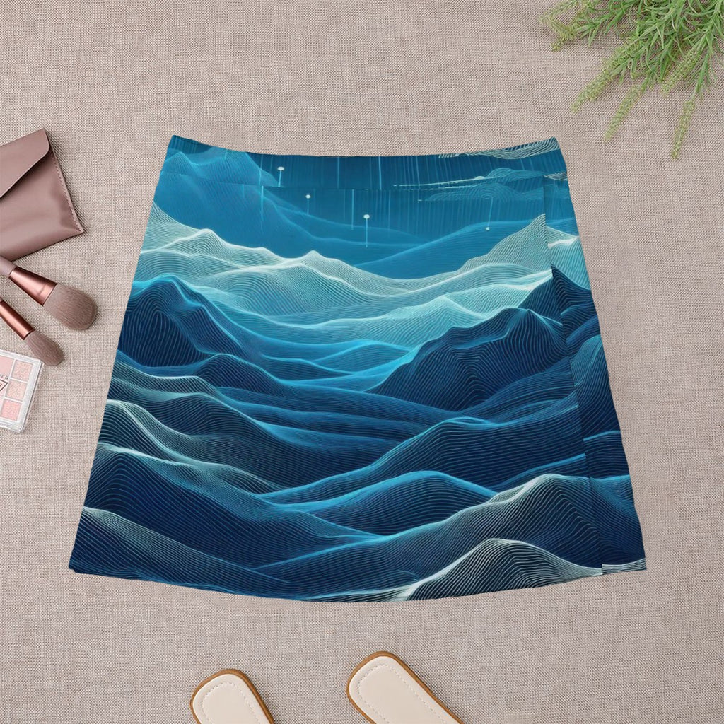 Deep Teal Waves Mini Skirt | Line Abstract Wearable Art