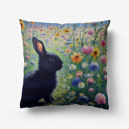 Black Rabbit with Flowers Home Goods Premium Hypoallergenic Throw Pillow