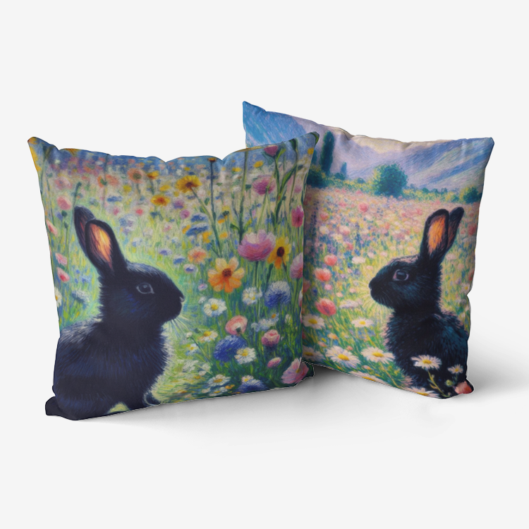 Black Rabbit with Flowers Home Goods Premium Hypoallergenic Throw Pillow