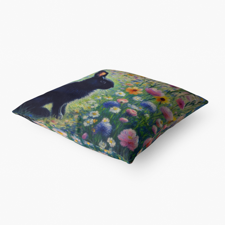 Black Rabbit with Flowers Home Goods Premium Hypoallergenic Throw Pillow
