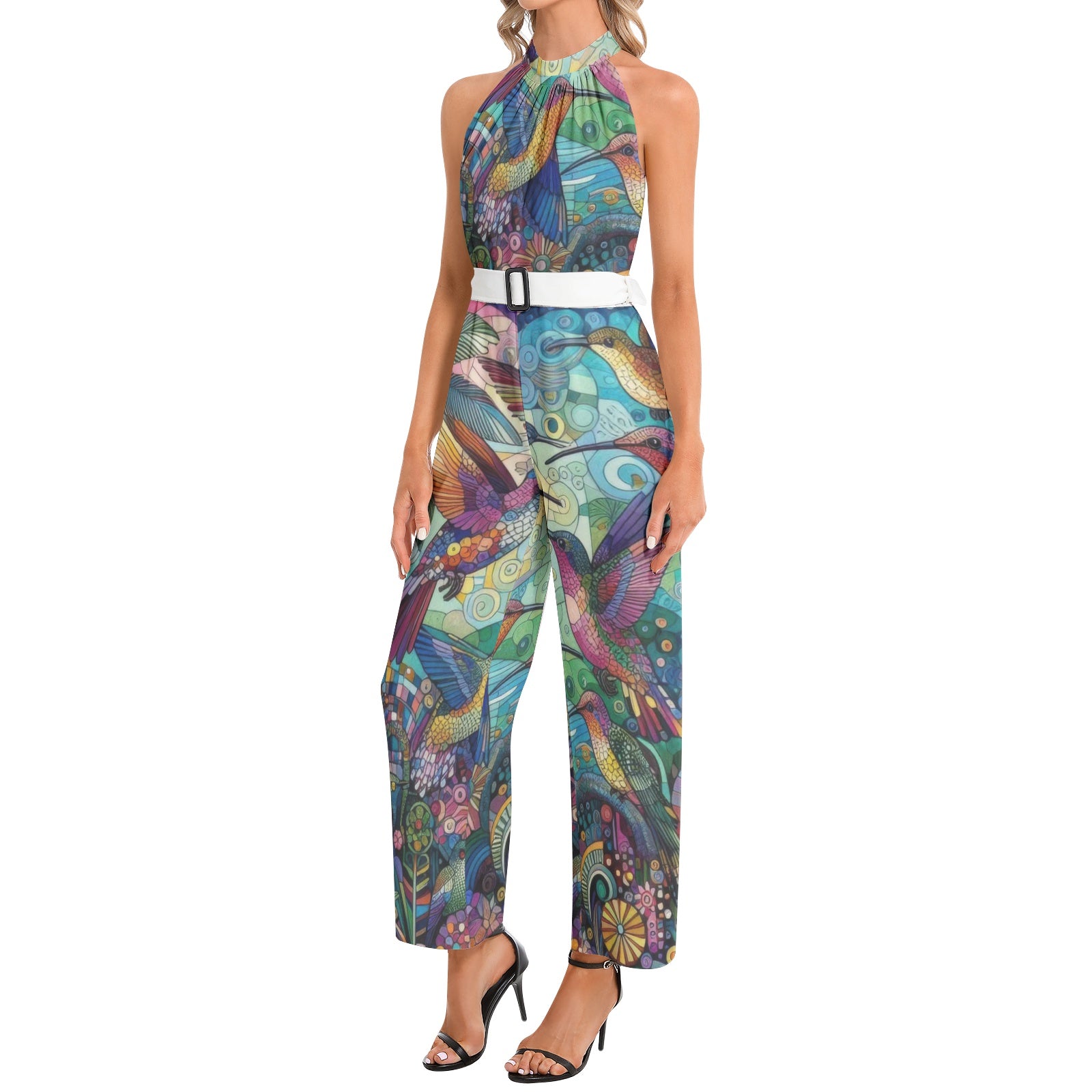 Hummingbird Kaleidoscope Halter Neck Buckle Belted Jumpsuit