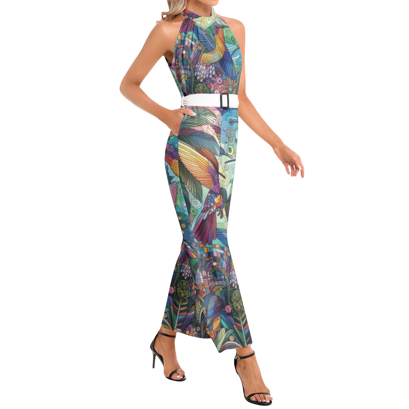 Hummingbird Kaleidoscope Halter Neck Buckle Belted Jumpsuit