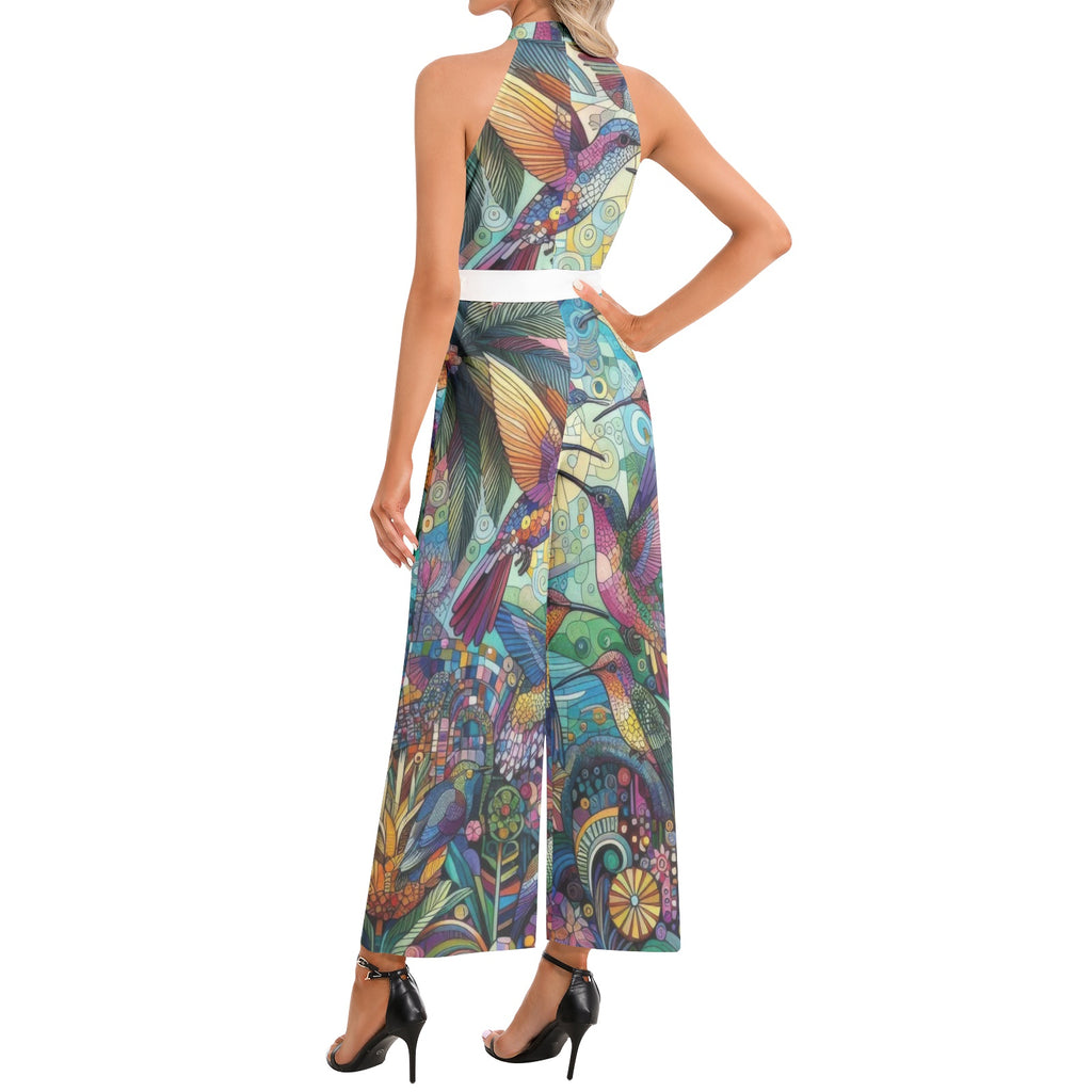 Hummingbird Kaleidoscope Halter Neck Buckle Belted Jumpsuit