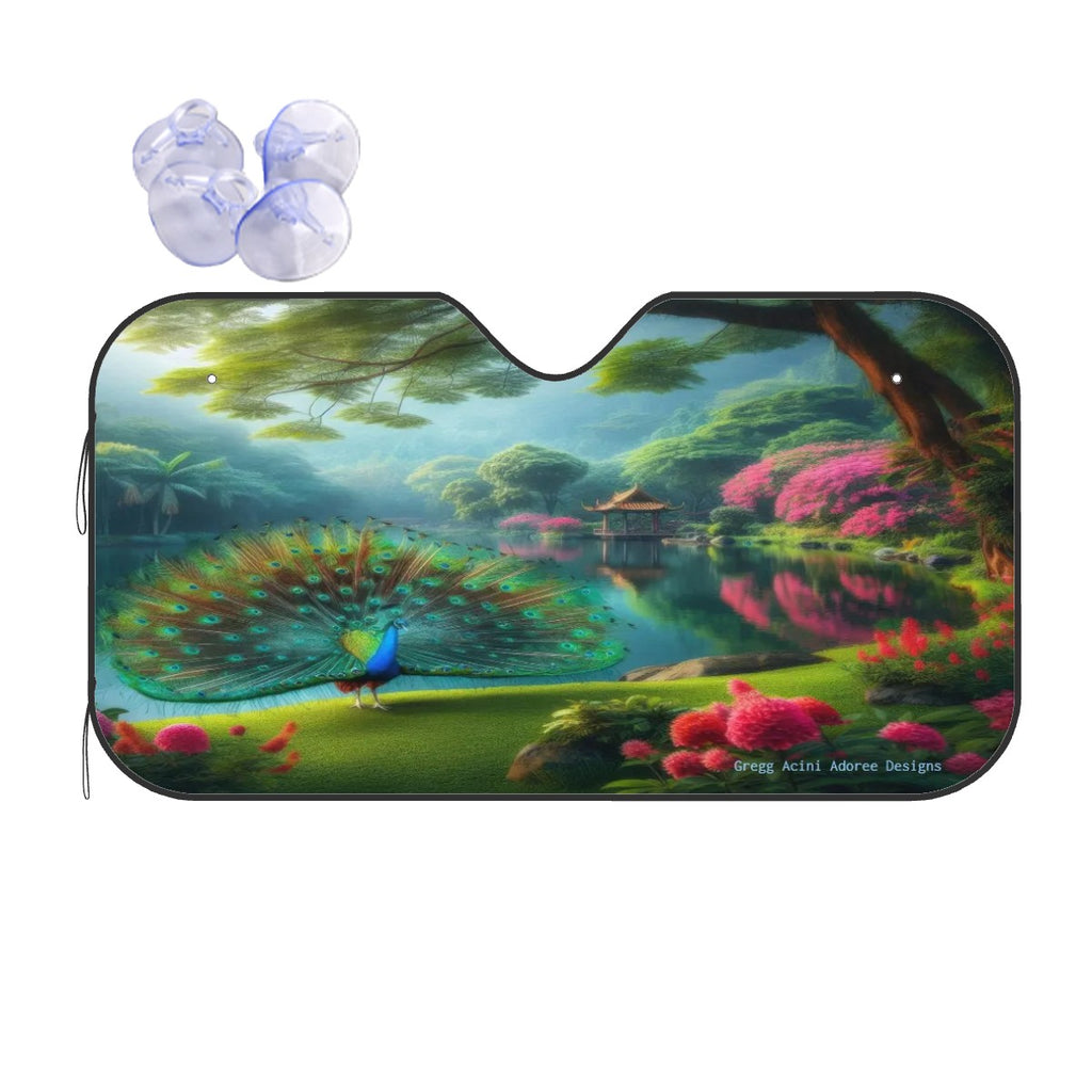 Peacock with Rhododendrons Car Windshield Sun Shade (Stiff Version)