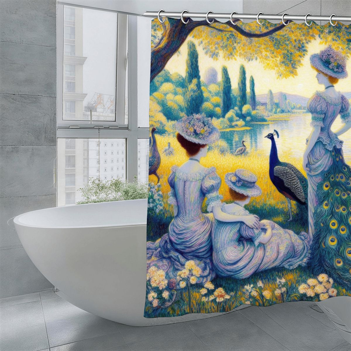 Peacock Lady with Friends Shower Curtain | Post-Impressionist Art