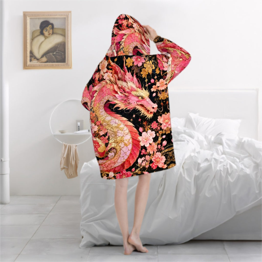 Pink and Gold Sakura Dragon Blanket Hoodie