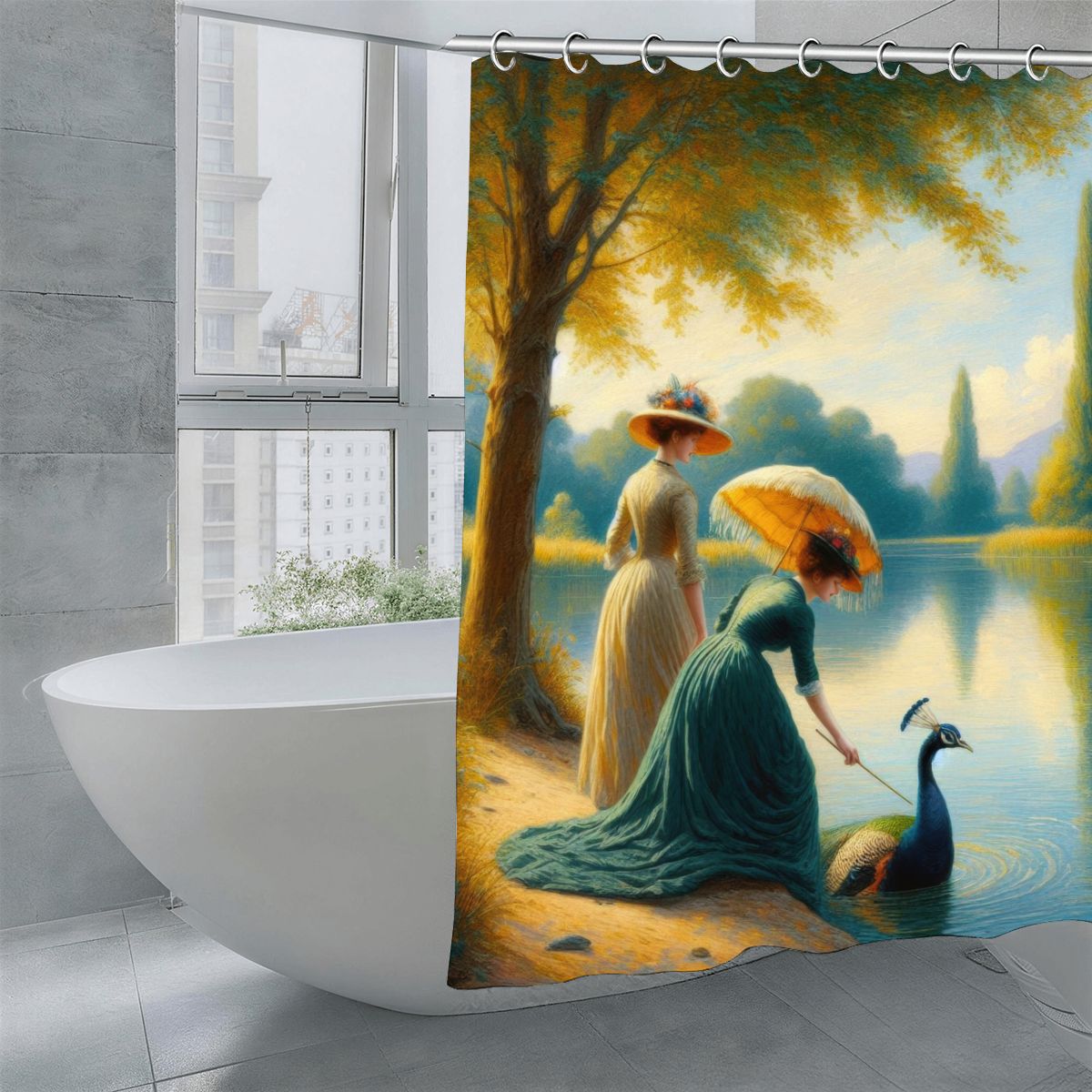 Ladies Poking a Peacock Shower Curtain | Impressionist Art