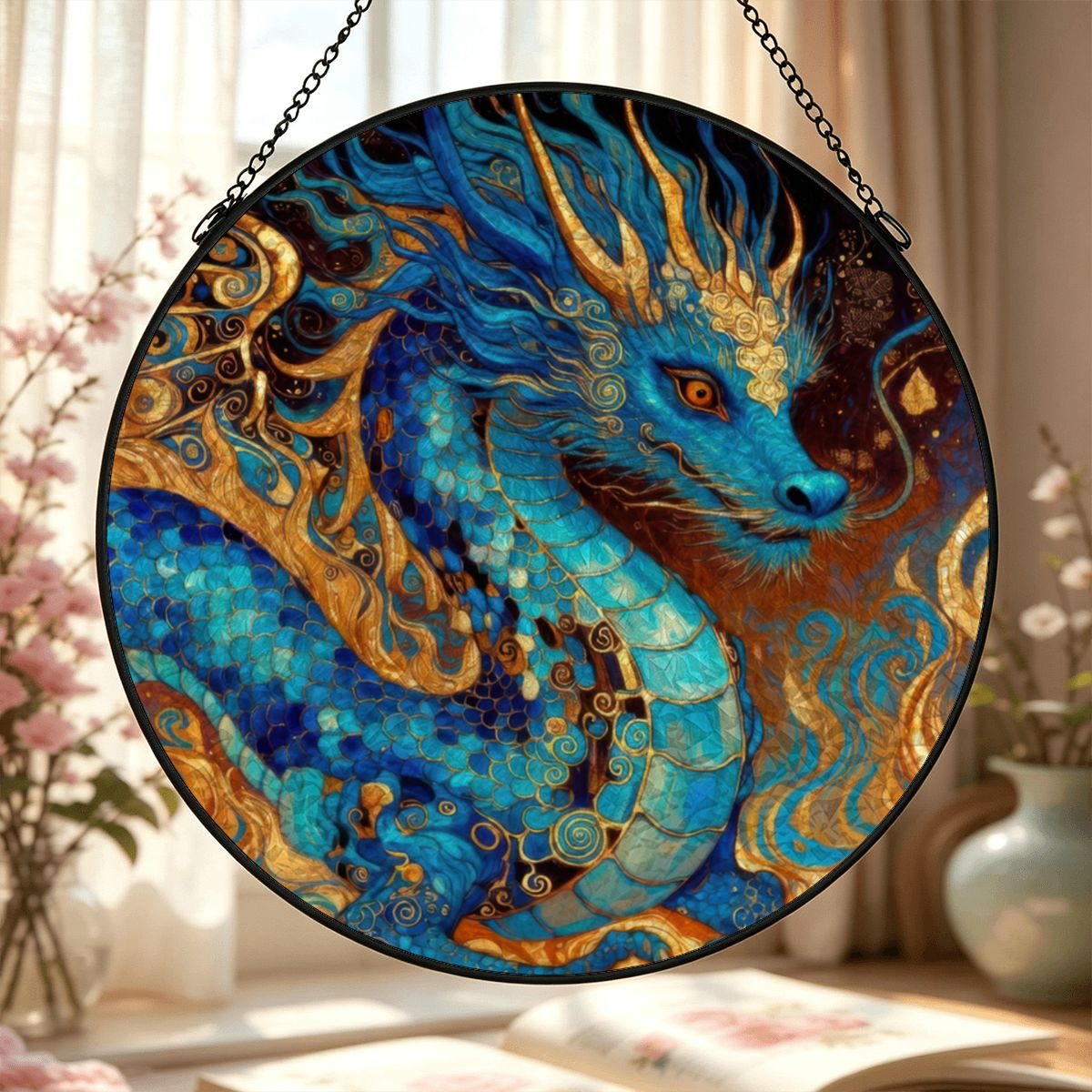 Cobalt Stained Glass Effect Suncatcher Window Hanging (Made in USA)